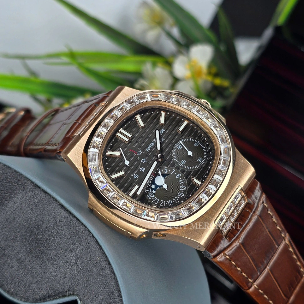 Custom Rose Gold Tone Sport Watch with Stone Bezel and Brown Leather Strap Master Grade