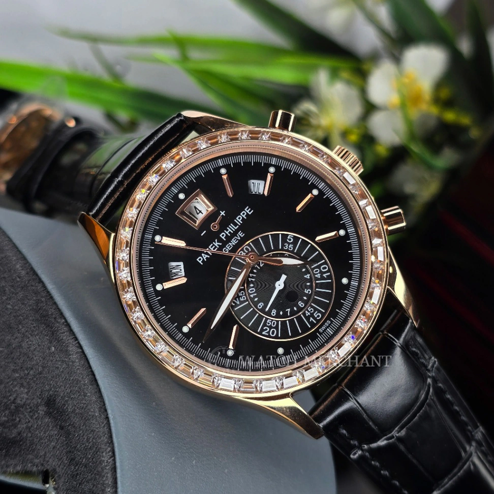 Patek Philippe Complications Annual Calendar Chronograph Rose Gold Baguette Stone Bezel Black Dial Ref. 5961R-010 Master Grade