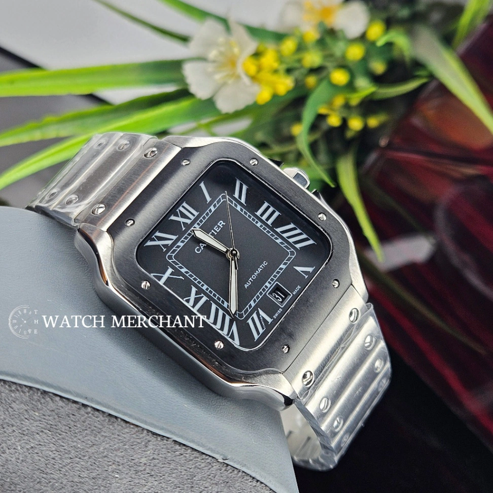 Cartier Santos de Cartier Stainless Steel Silver Case with Black Dial and Silver Bracelet