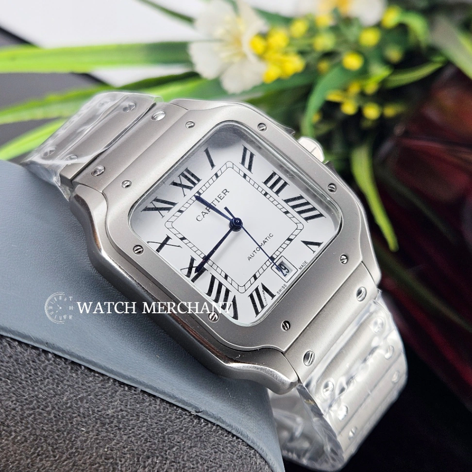 Cartier Santos de Cartier Stainless Steel Silver Case with White Dial and Silver Bracelet