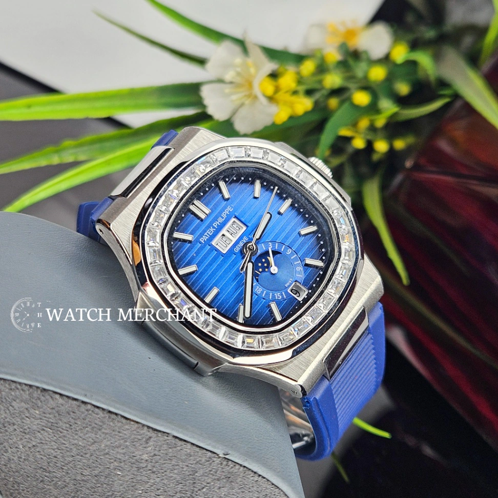 Patek Philippe Nautilus Stainless Steel Silver Case with Blue Dial, Diamond Bezel and Blue Rubber Strap