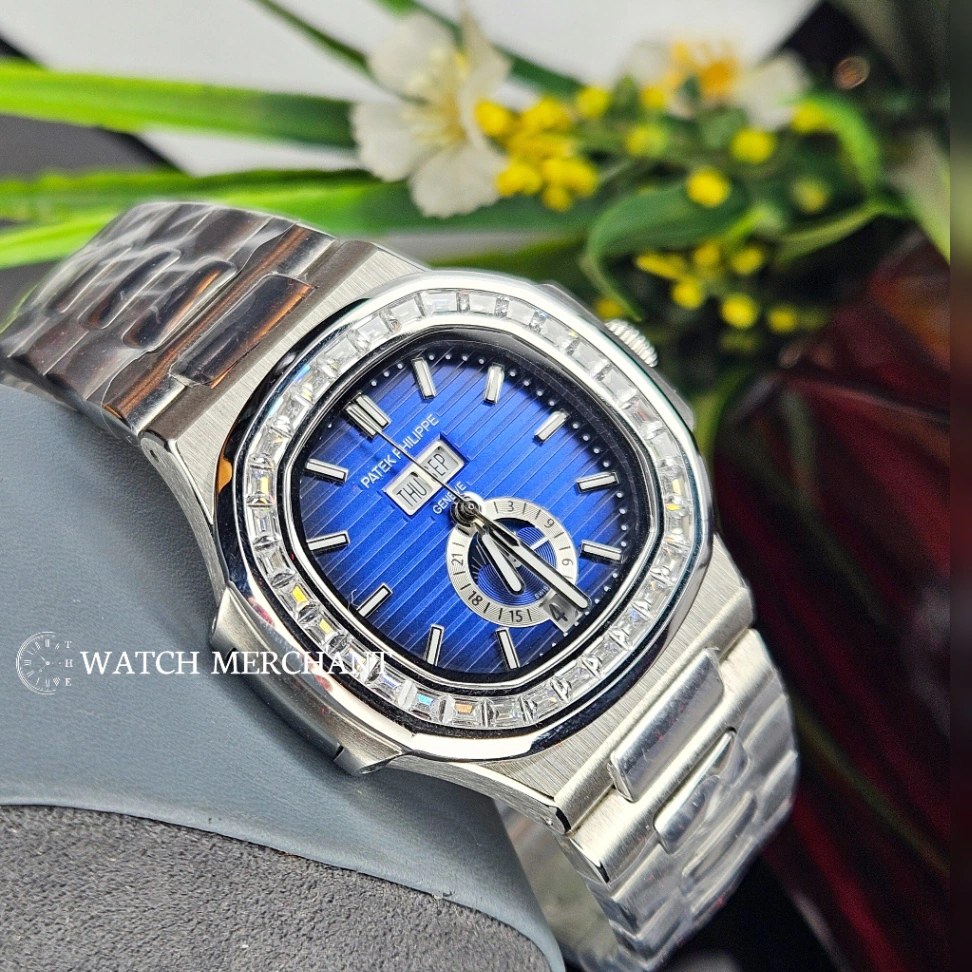 Patek Philippe Nautilus Stainless Steel Silver Case with Blue Dial and Diamond Bezel