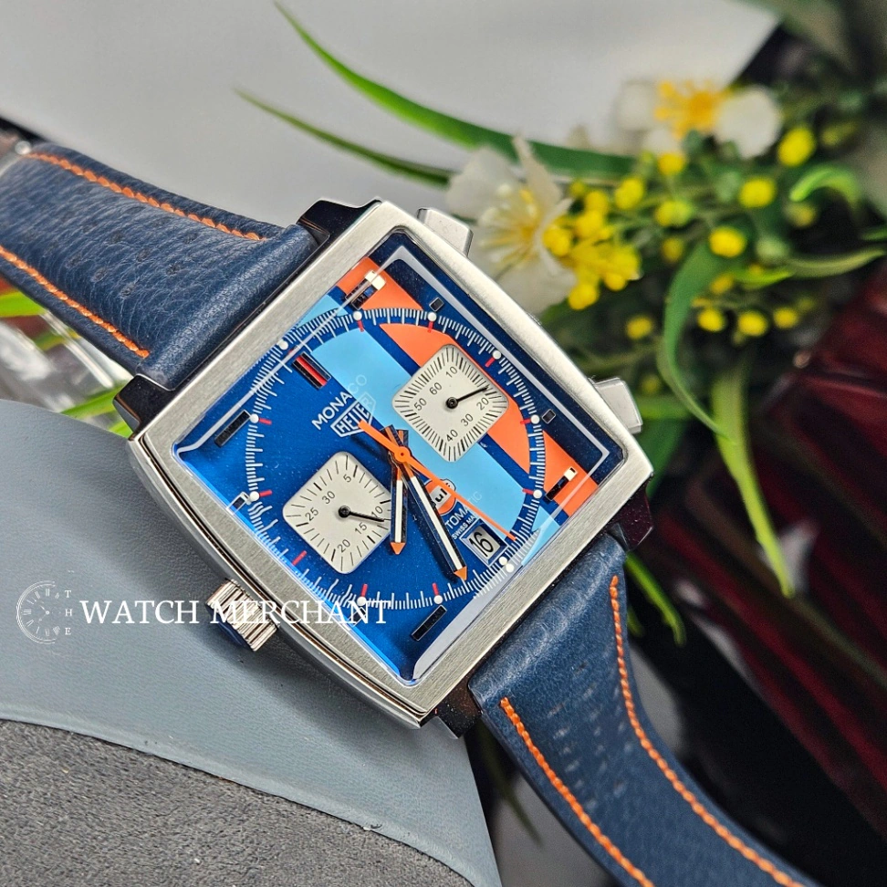 TAG Heuer Monaco Gulf Edition Stainless Steel Silver Case with Blue and Orange Dial and Blue Leather Strap