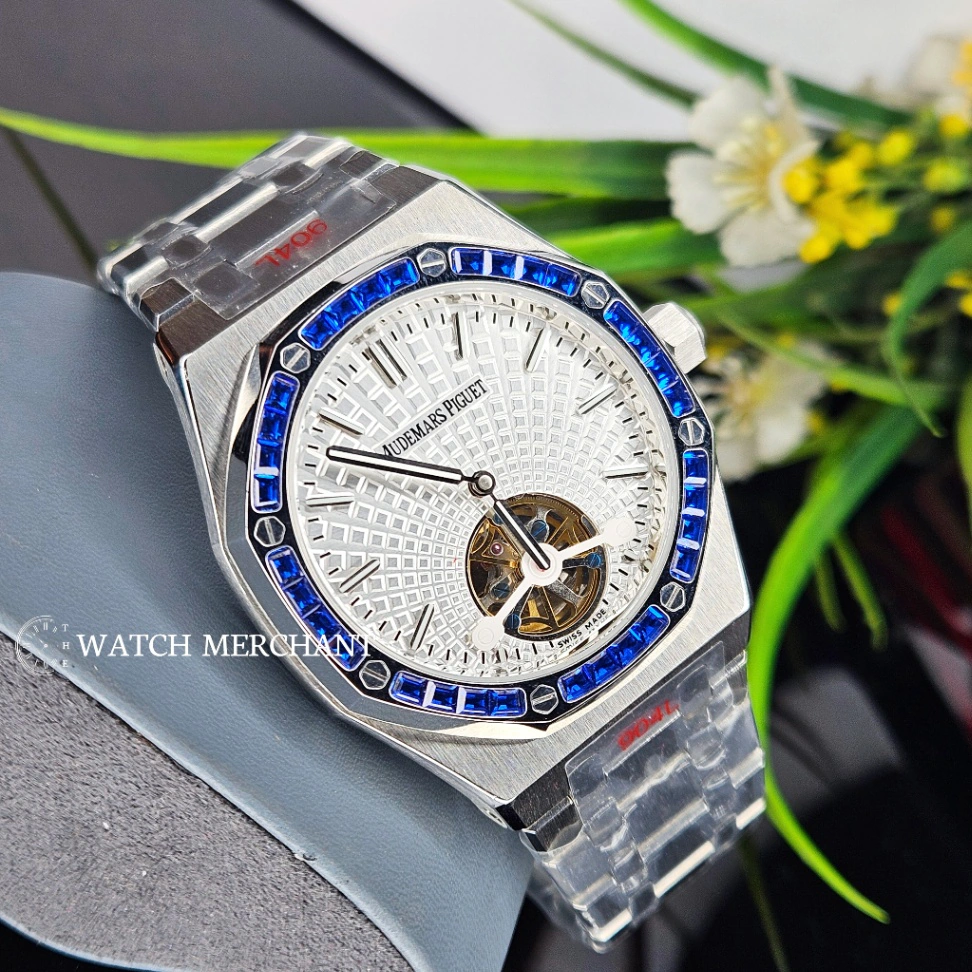 Audemars Piguet Royal Oak Tourbillon Stainless Steel Silver Case with Silver Dial and Blue Gem Bezel
