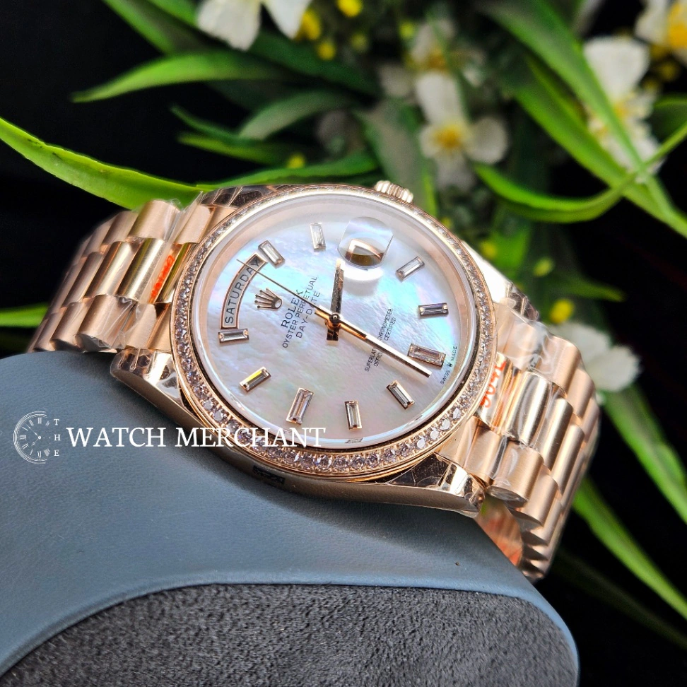 Rolex Day-Date Rose Gold Case with Mother of Pearl Dial, Diamond Bezel and Rose Gold Bracelet || 1:1 Swiss Grade Replica