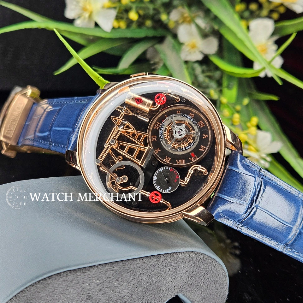 Jacob & Co. Oil Pump Rose Gold Case with Black Skeleton Dial and Blue Leather Strap || 1:1 Swiss Grade Replica