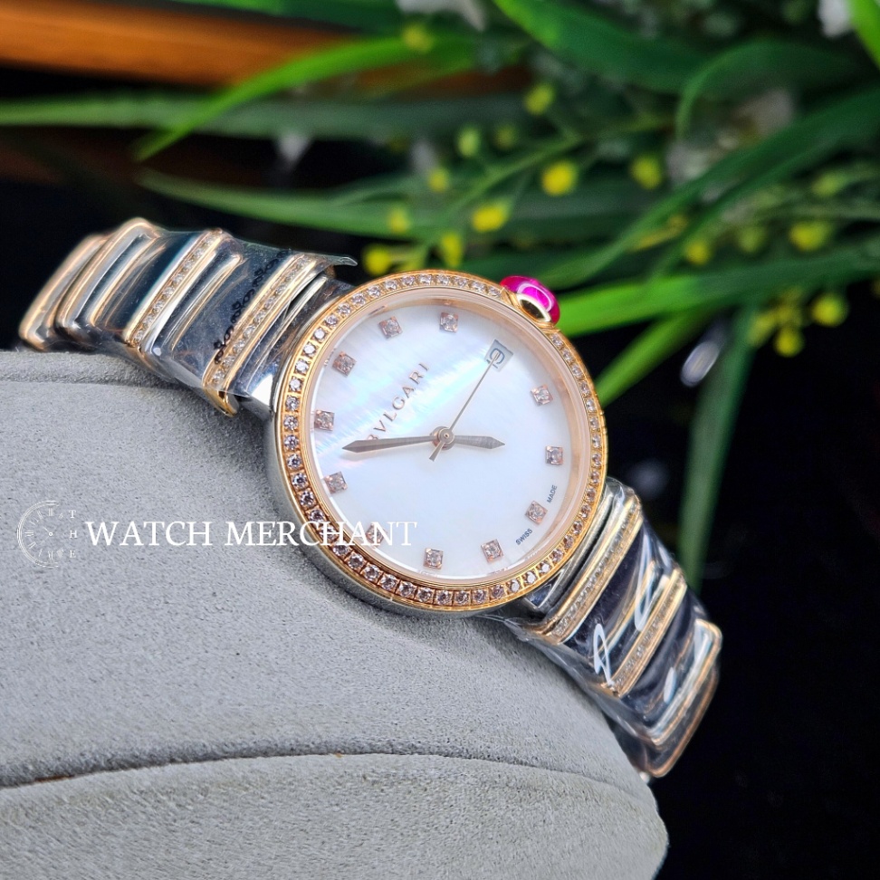 Bvlgari Lucea Two-Tone Rose Gold and Stainless Steel Case with Mother of Pearl Dial, Diamond Bezel and Two-Tone Bracelet