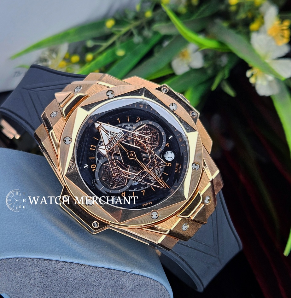 Hublot Big Bang Sang Bleu King Gold Case with Black Skeleton Dial and Black Rubber Strap