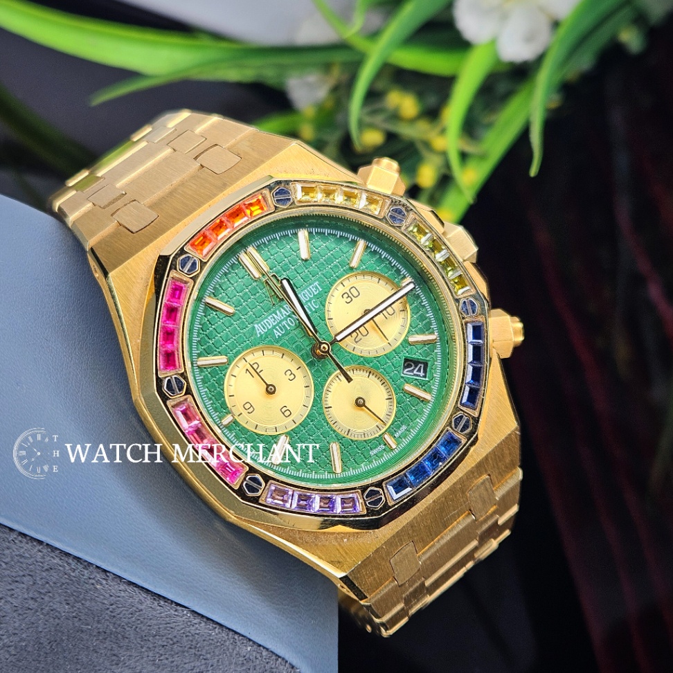 Audemars Piguet Royal Oak Chronograph Yellow Gold Case with Green Dial, Rainbow Gem-Set Bezel and Gold audemars-piguet-royal-oak-chronograph-yellow-gold-case-with-green-dial-rainbow-gem-set-bezel-and-gold-bracelet