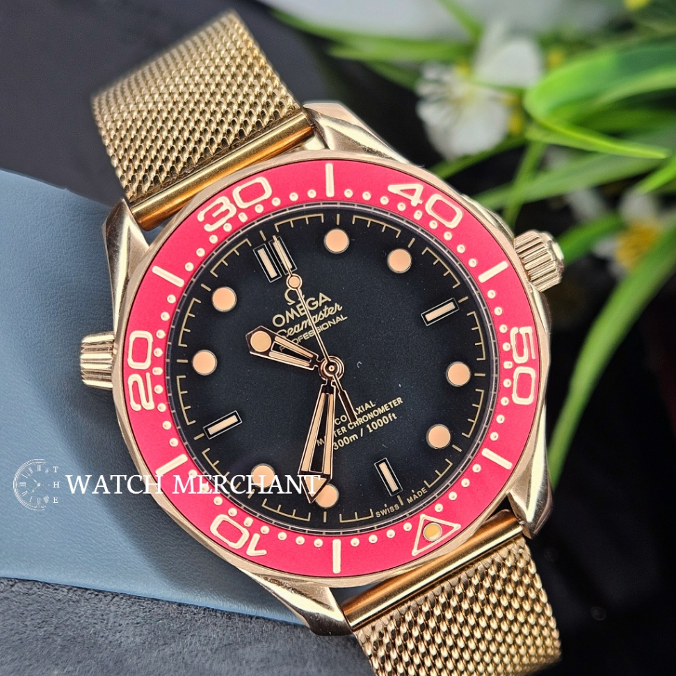 Omega Seamaster Diver 300M Gold Case with Black Dial, Red Bezel and Gold Mesh Bracelet