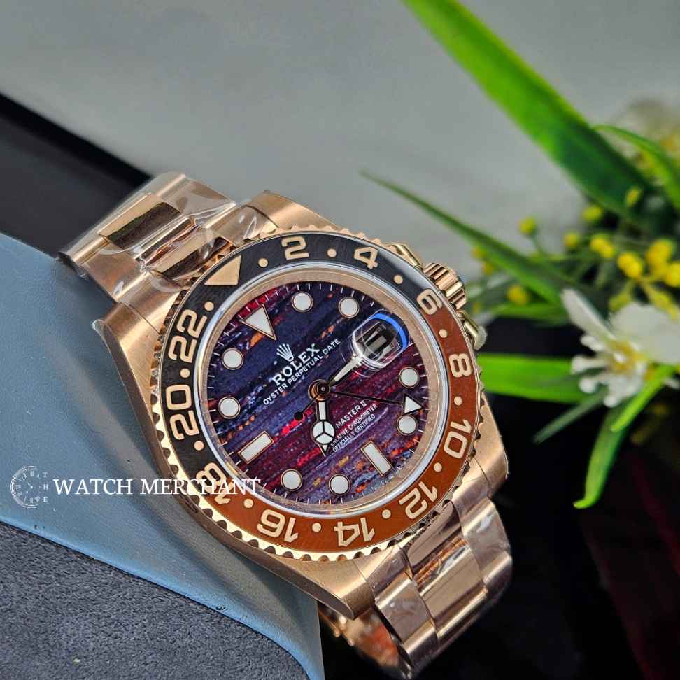Rolex GMT-Master II Rose Gold Case with Meteorite Dial, Black and Brown Bezel and Oyster Bracelet
