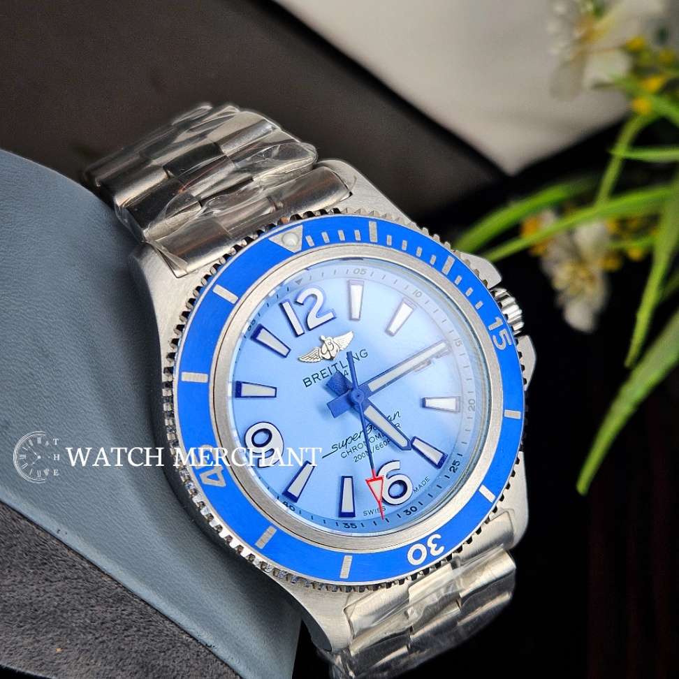 Breitling Superocean Stainless Steel Silver Case with Ice Blue Dial, Blue Bezel and Silver Bracelet