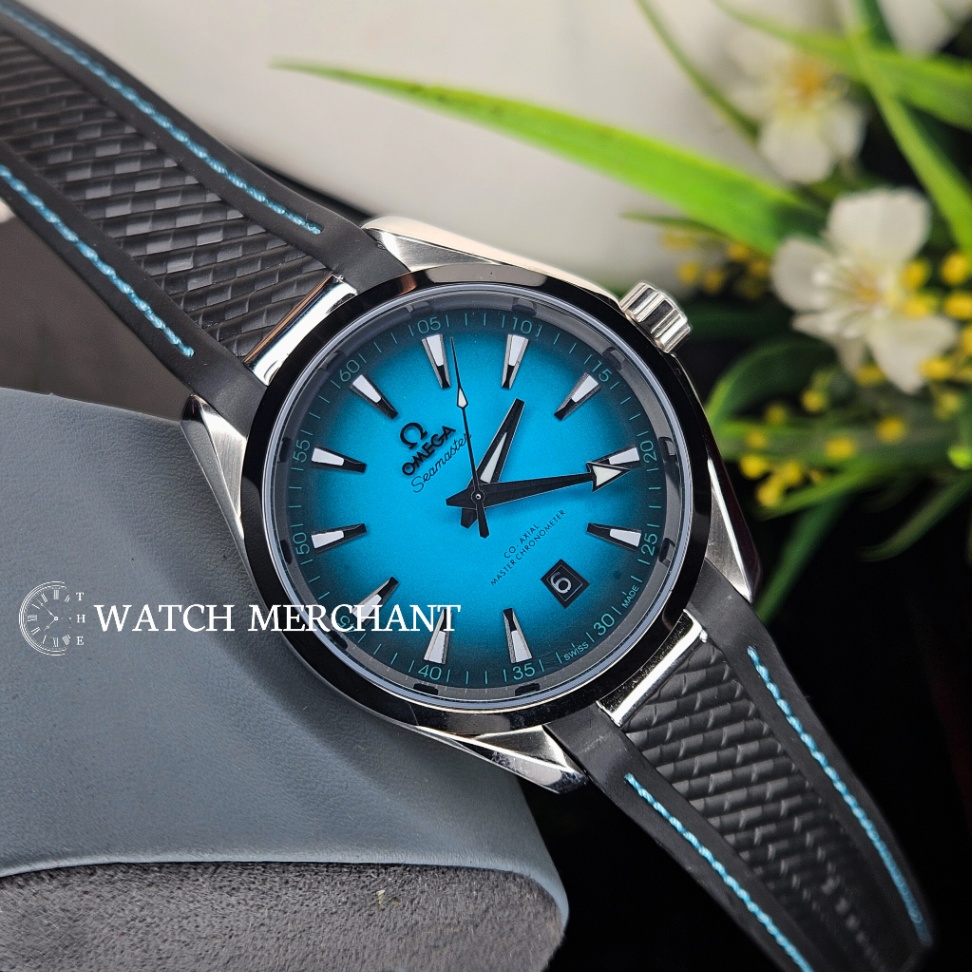 Omega Seamaster Aqua Terra Stainless Steel Silver Case with Sun-Brushed Summer Blue Gradient Dial and Black Rubber Strap